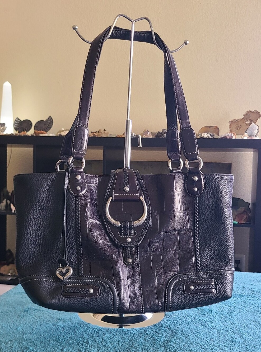 Brighton Black Leather Shoulder Bag with Silver Ring Accent